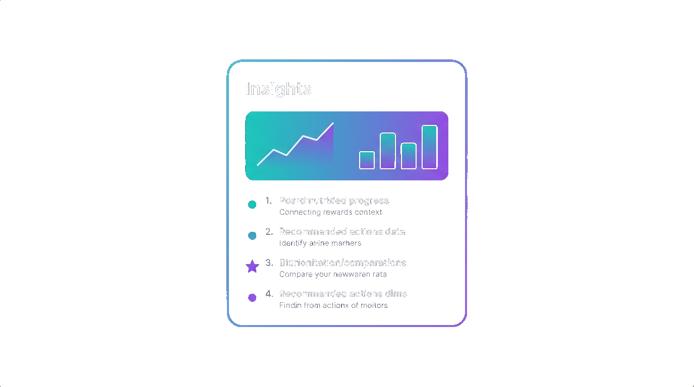 An insights dashboard displaying trend charts, key findings, and recommended actions with visual indicators and priority rankings.